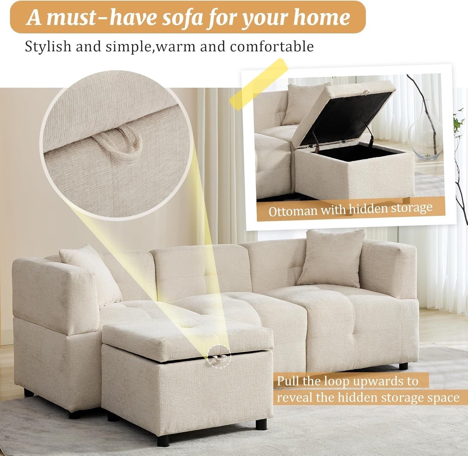 L Shape 3 Seater Sofa Bed with Storage Ottoman Beige Corner Couch Home