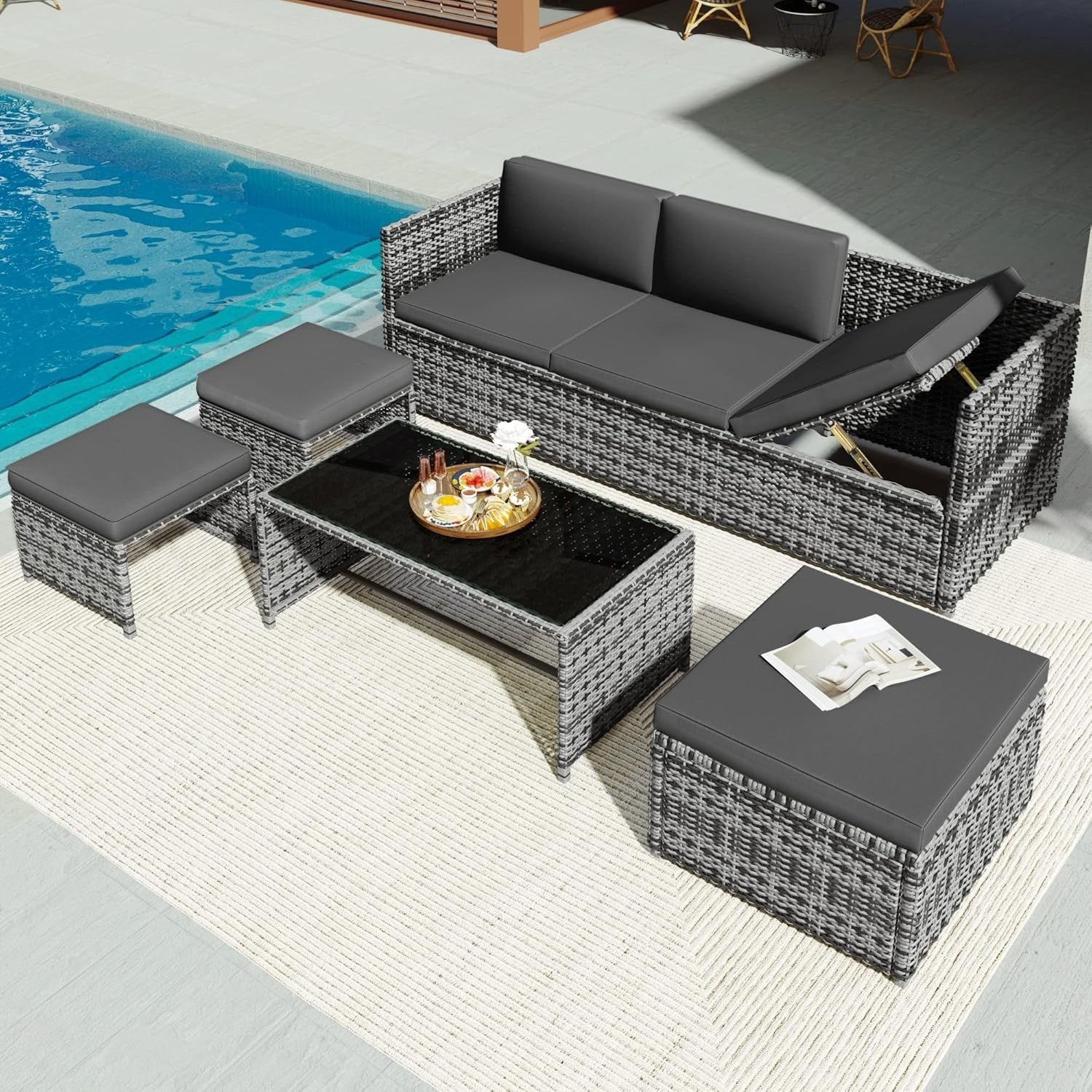 Grey 6-Seater Rattan Outdoor Corner Sofa Set with Cushions, Coffee Table & Stool