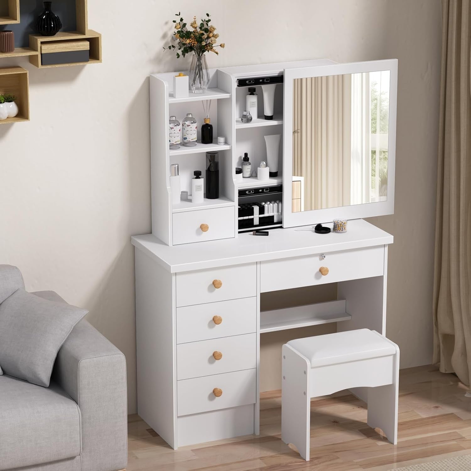 White XL Vanity Makeup Dressing Table Dresser Mirror Lights Drawers Storage
