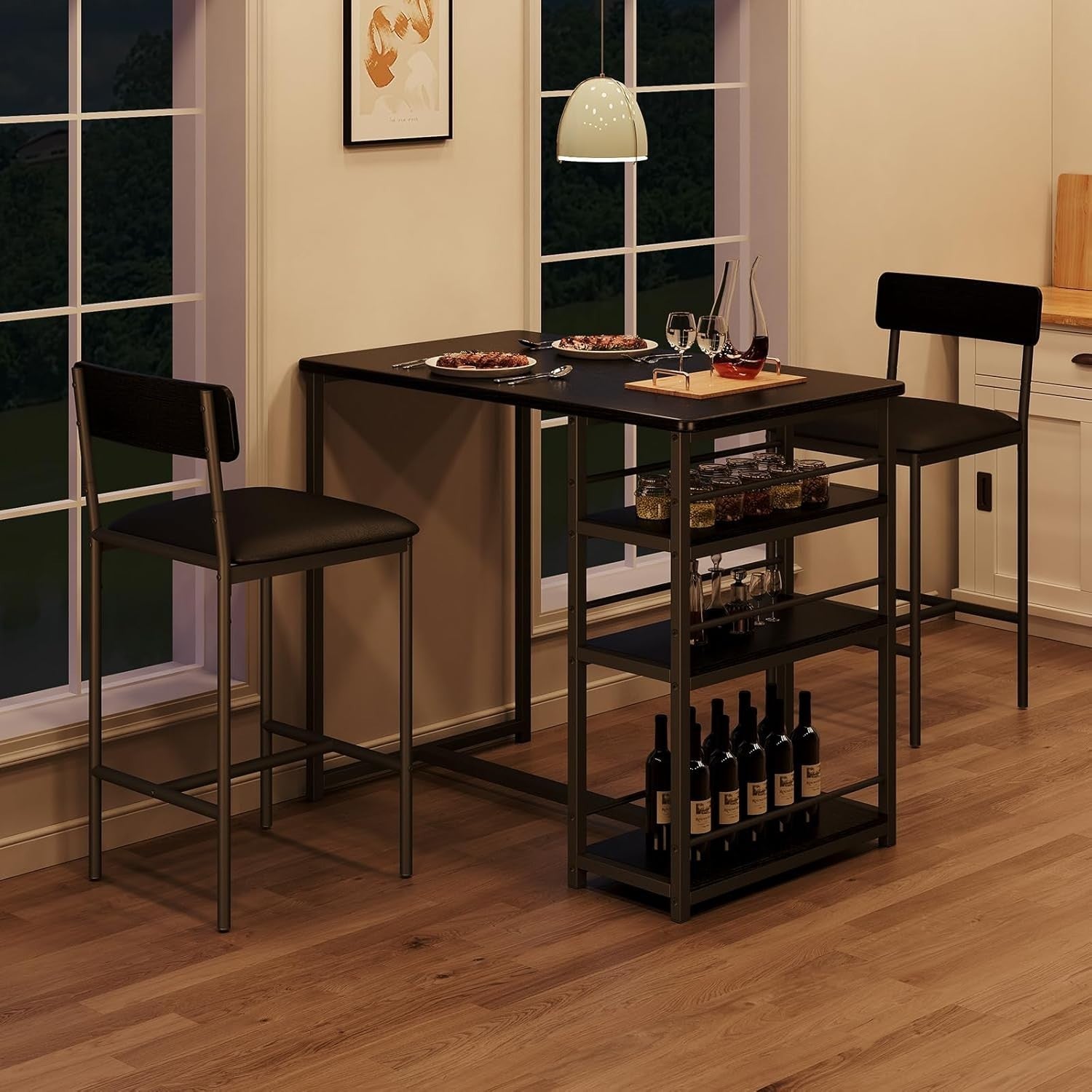 Bar Table Black 3-Piece Set with Shelves and 2 Stools Space-Saving Dining Set