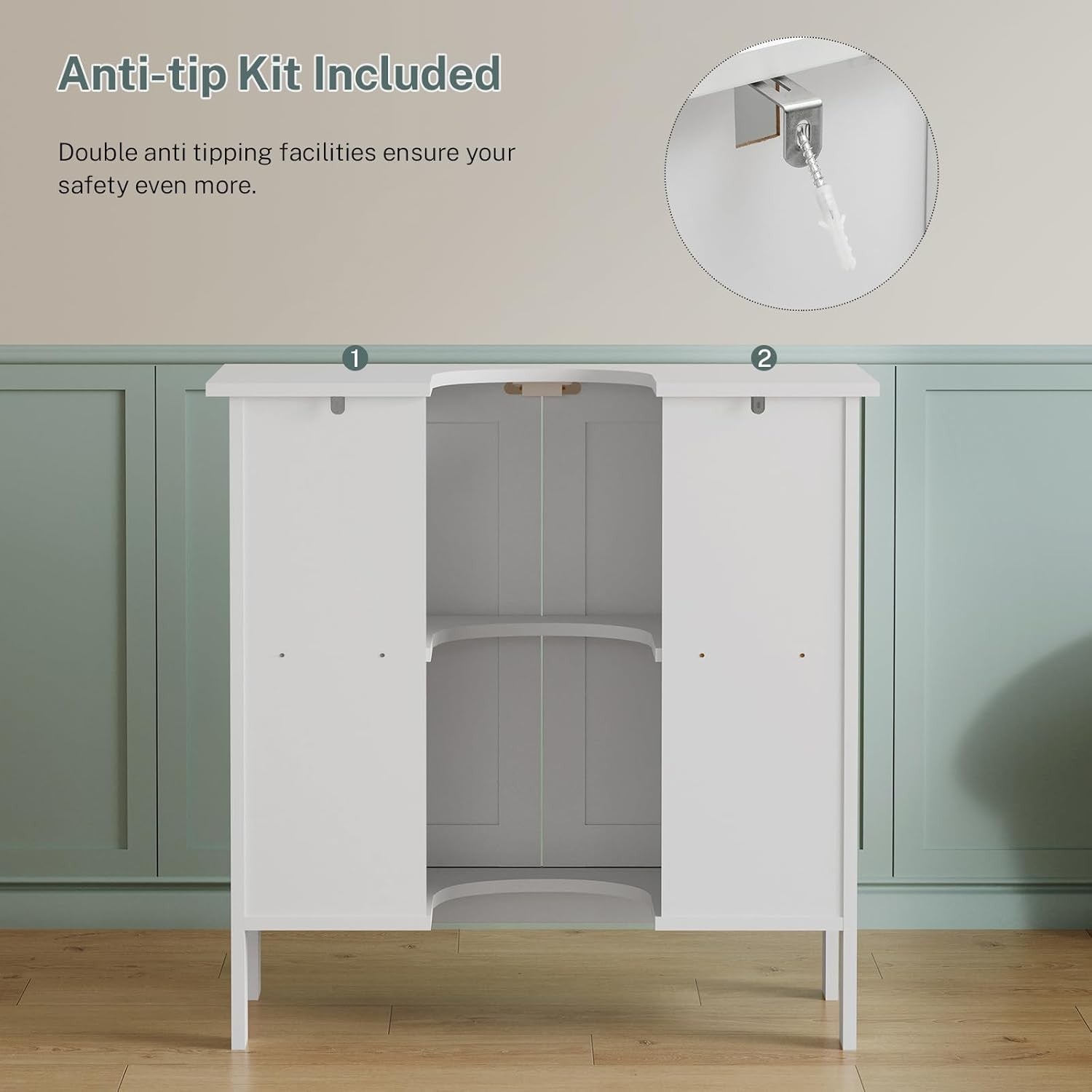 White Under Sink Bathroom Cabinet – 2 Door Vanity Unit with Shelf Storage