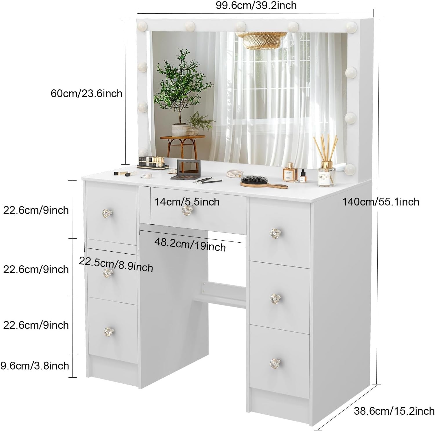 White Modern Vanity Desk Makeup Table Set w/ 10 LED Light Mirror & 3 Drawers (Ma