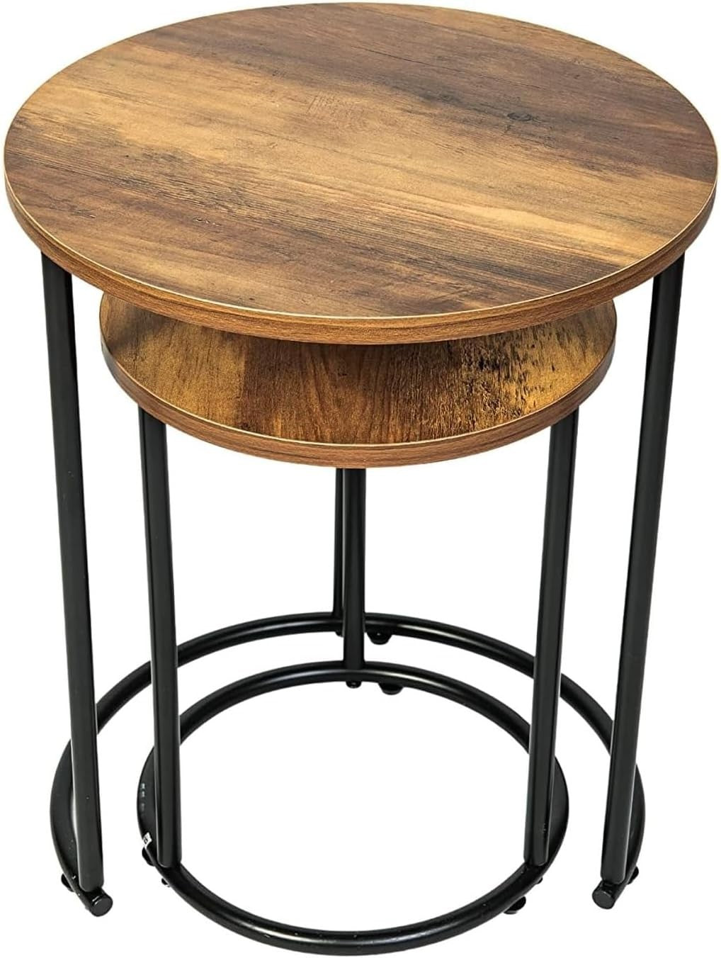 Round 2-Piece Nesting End Table Set Side Coffee Tables Industrial Metal Frame
