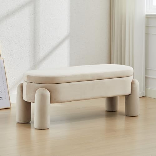 Velvet Upholstered Storage Bench Modern Bedroom Window Seat Khaki