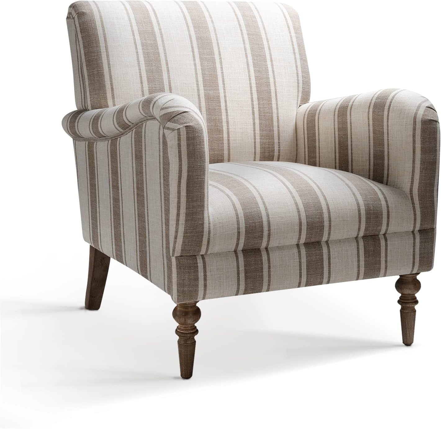 Striped Upholstered Armchair with Wooden Legs for Lounge or Bedroom