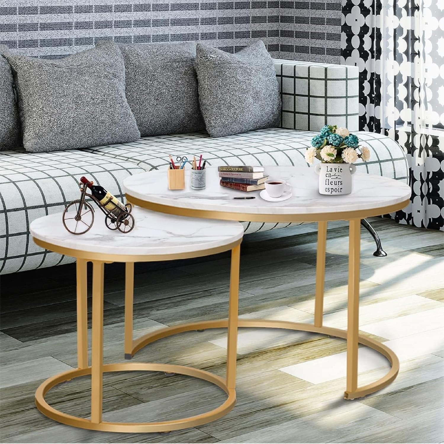 Nesting Coffee Tables Set 2 Round Marble Gold Metal Living Room Side End Table