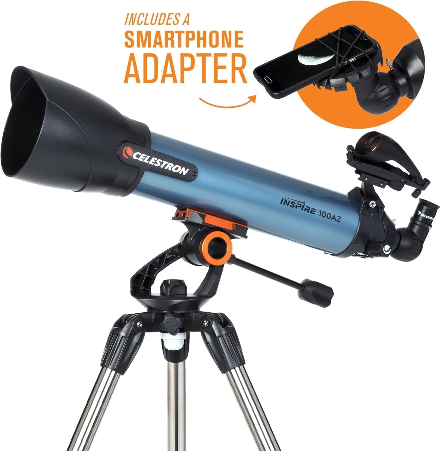 Blue 100mm Refractor Telescope with Smartphone Adapter & Adjustable Tripod