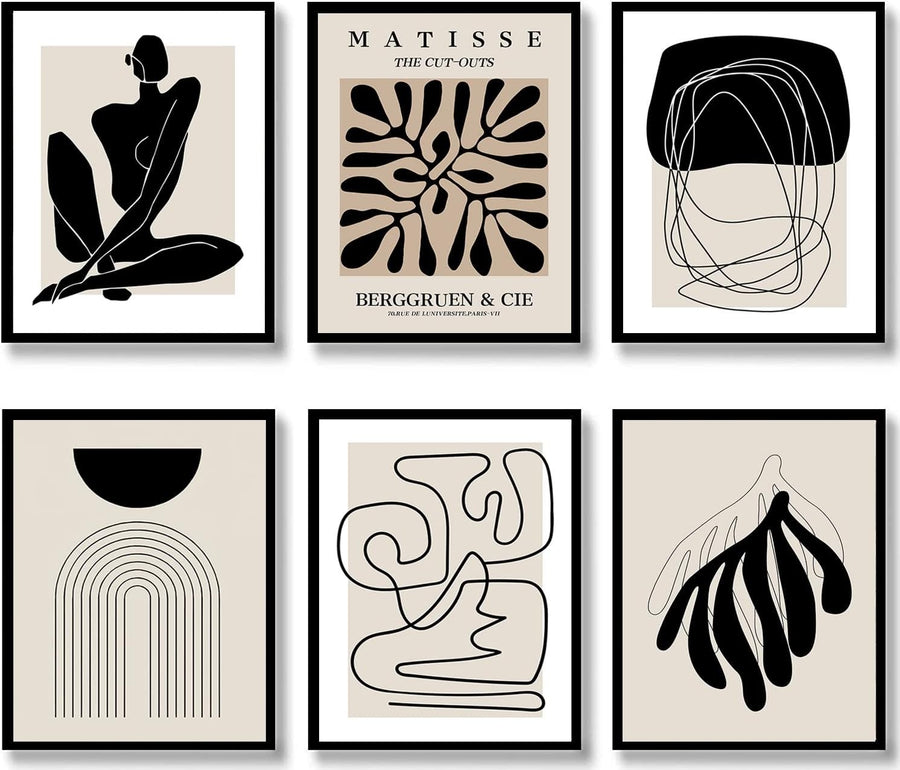 Boho Wall Art Set of 6 Black White 8x10 Abstract Prints