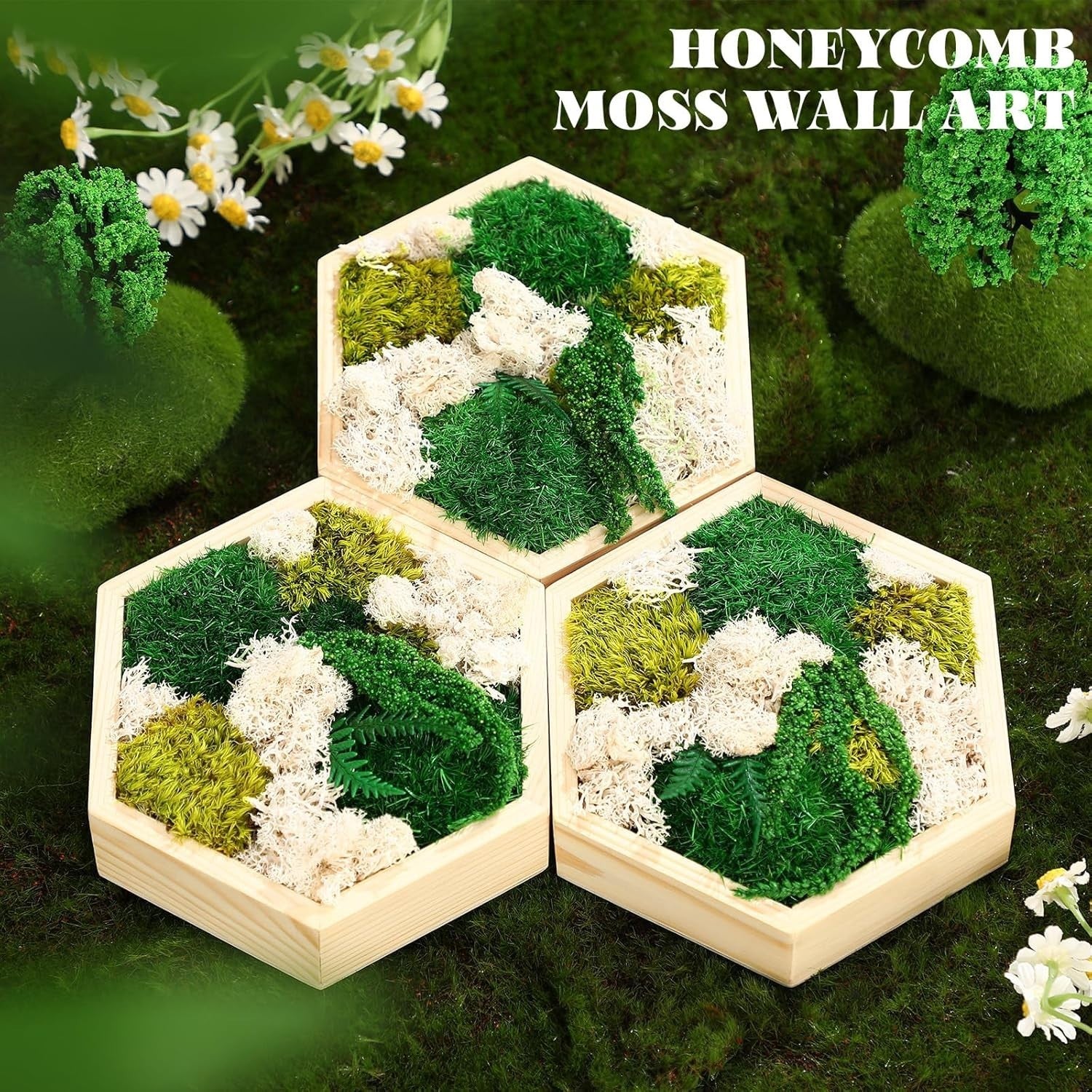 3Pc Moss Wall Art Hexagon Wood Frame Green Decor Hanging Set