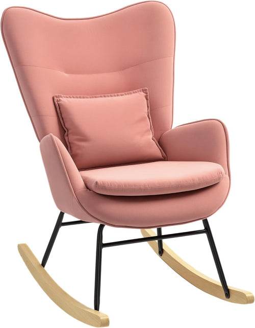 Velvet Rocking Chair with Lumbar Pillow, Wooden Rocker & Metal Legs - Pink