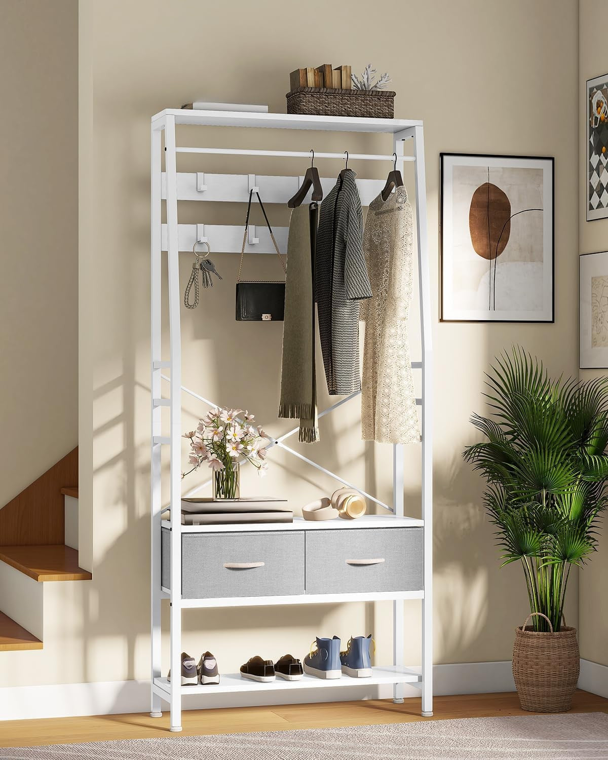 White Hall Tree Coat Rack with Bench | Metal Frame Shoe Storage & Drawers Stand