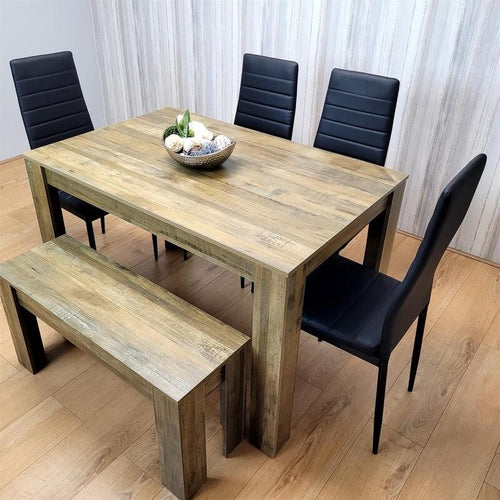 Rustic Dining Table Set with 4 Black Leather Chairs & Bench, 6 Seater