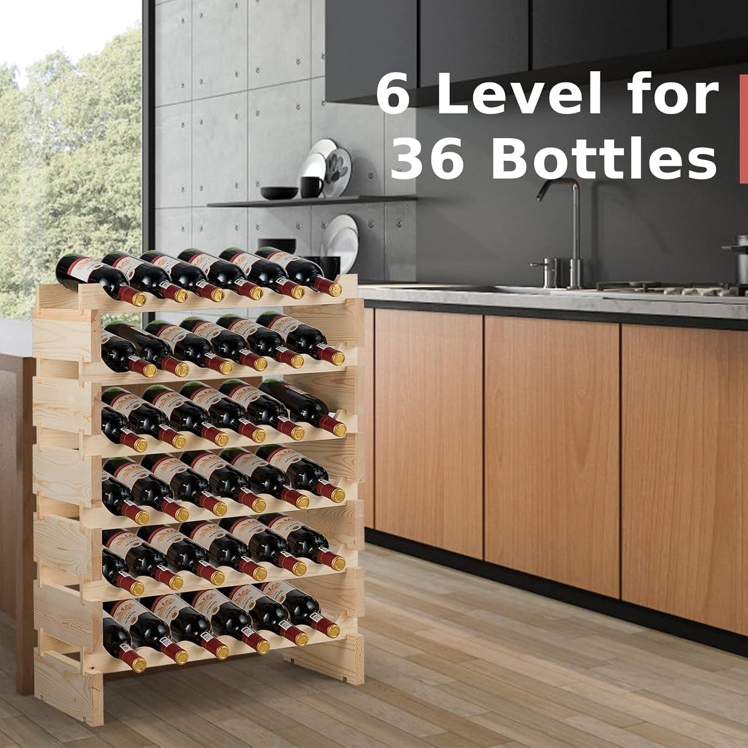 6 Tier Wooden Wine Rack for 36 Bottles Stackable Storage Shelf Home Bar