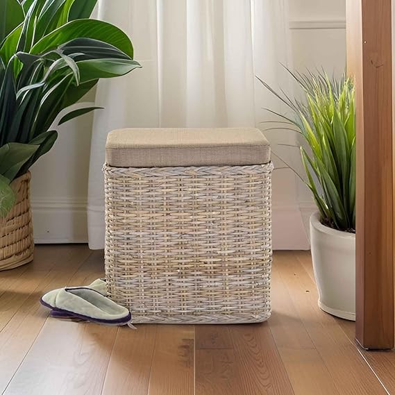Luxury Rattan Laundry Basket with Padded Seat & Lid – Square Storage Hamper Grey