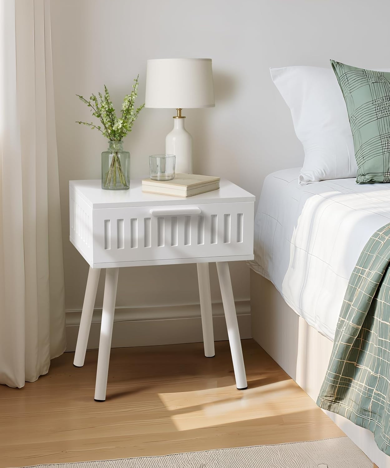 Modern White Bedside Tables Set of 2 with Drawer, Solid Wood Legs 50x45x16cm
