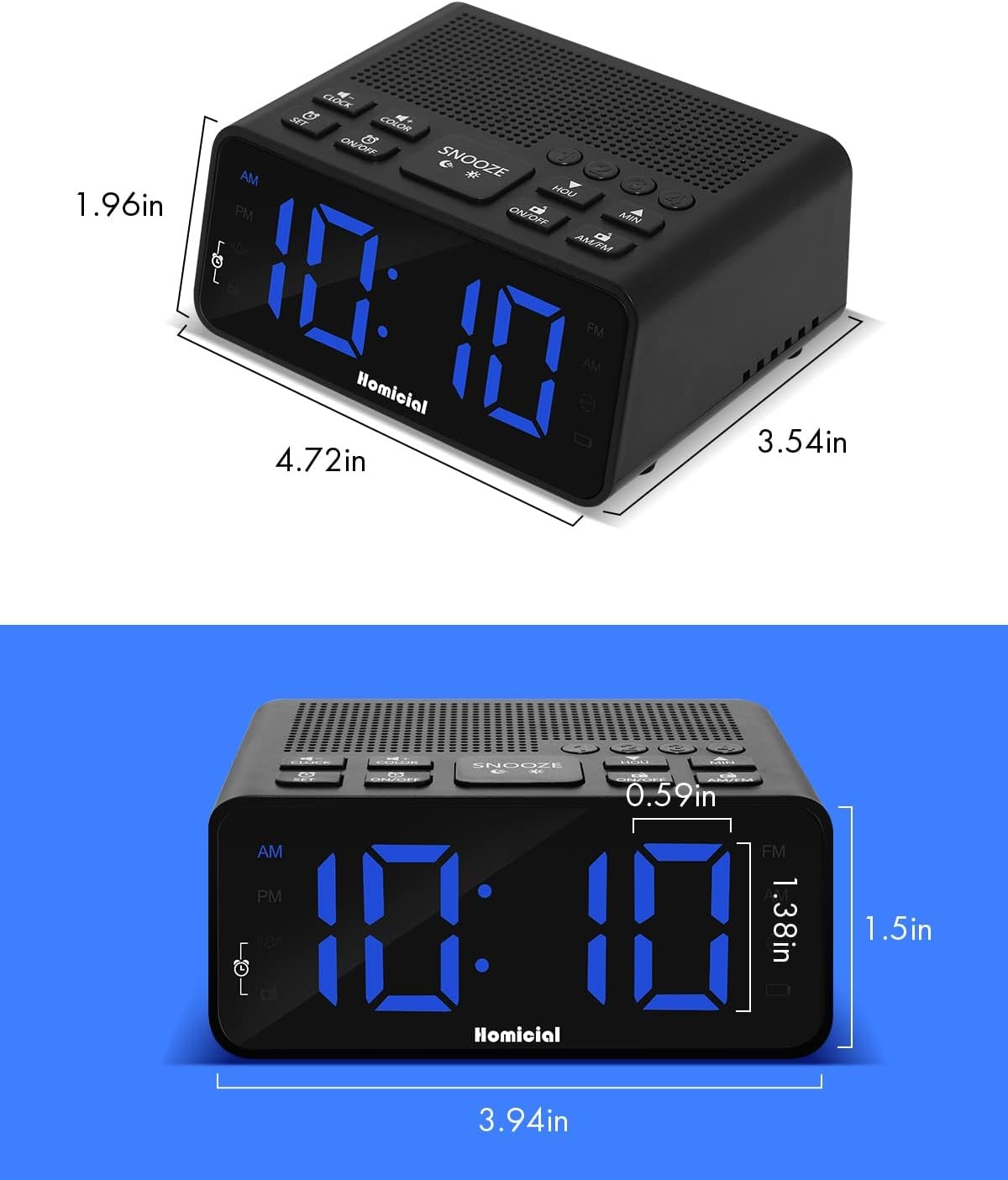 Digital Alarm Clock FM Radio Large LED Display Snooze Black