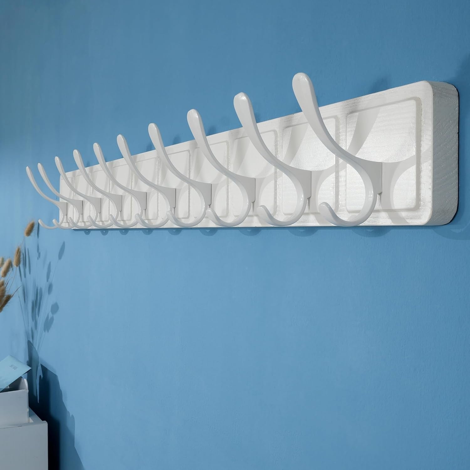 Scandi Wall Coat Rack 10 Hooks | White Wooden Hanger for Coats Hats Scarves