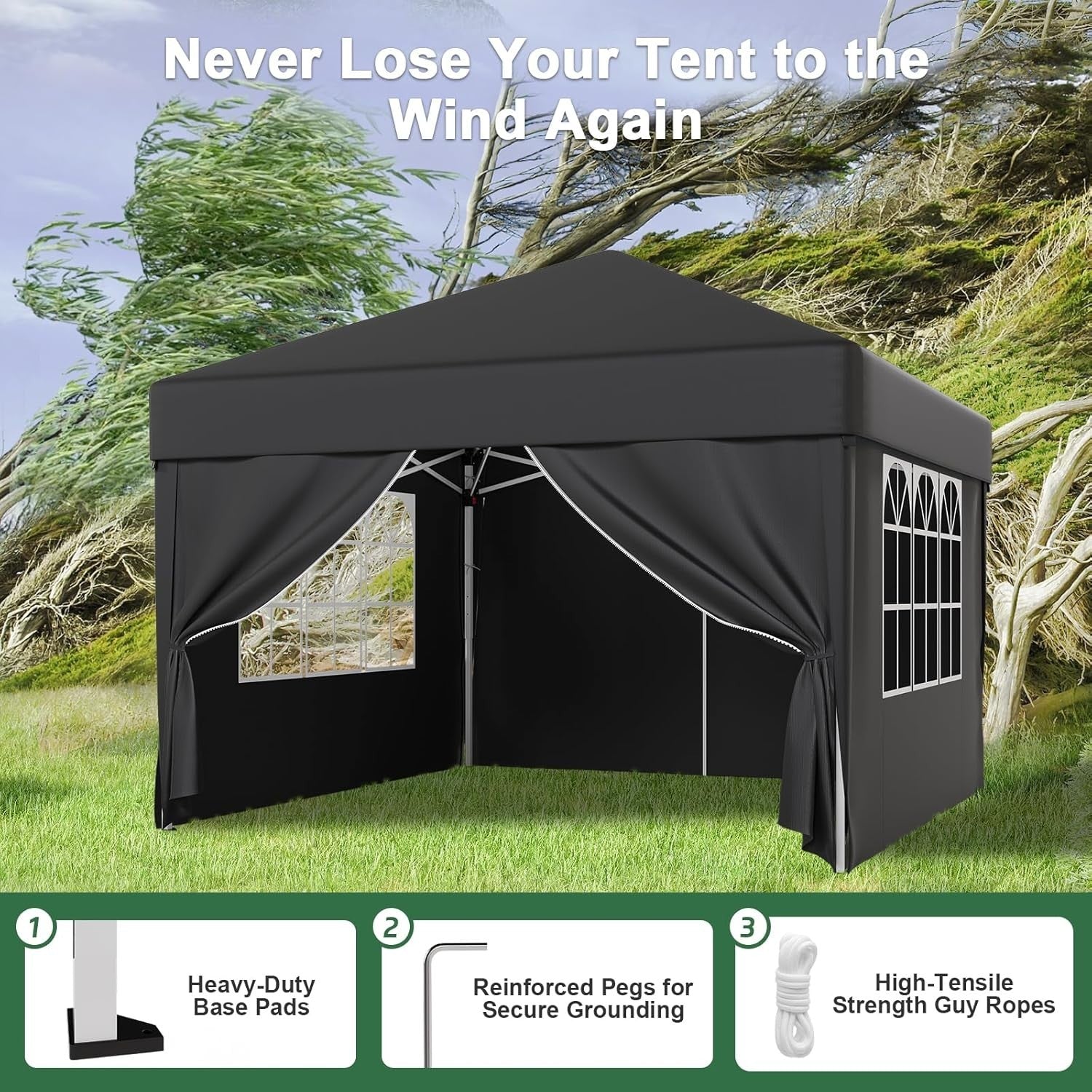 3x3M Gazebo with 4 Sides Garden Tent UV50+ Height Adjustable Event Shelter–Black