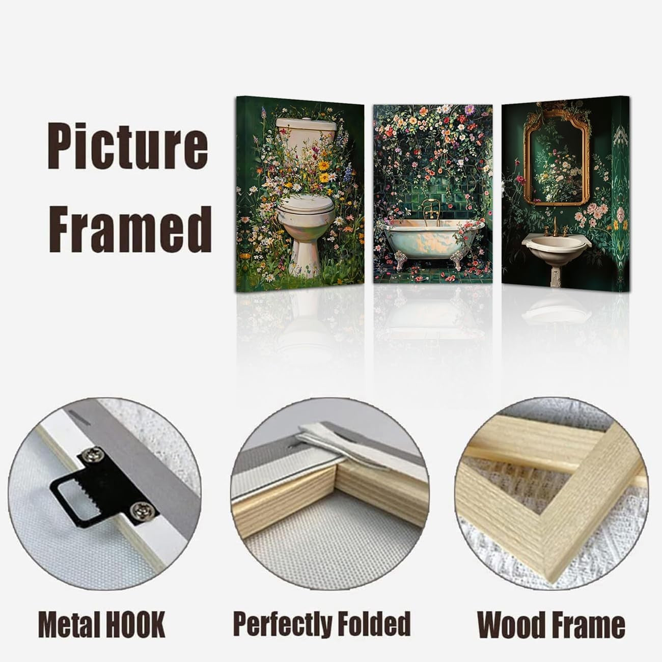 Dark Green Bathroom Wall Art 3 Piece Vintage Floral Canvas 11x14in