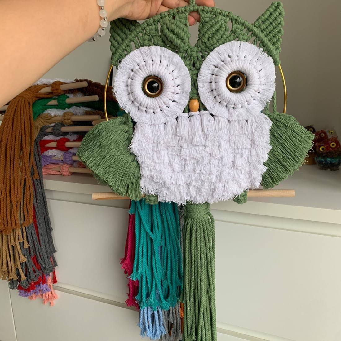 Avocado Green Macrame Owl Wall Hanging Boho Fiber Art Decor