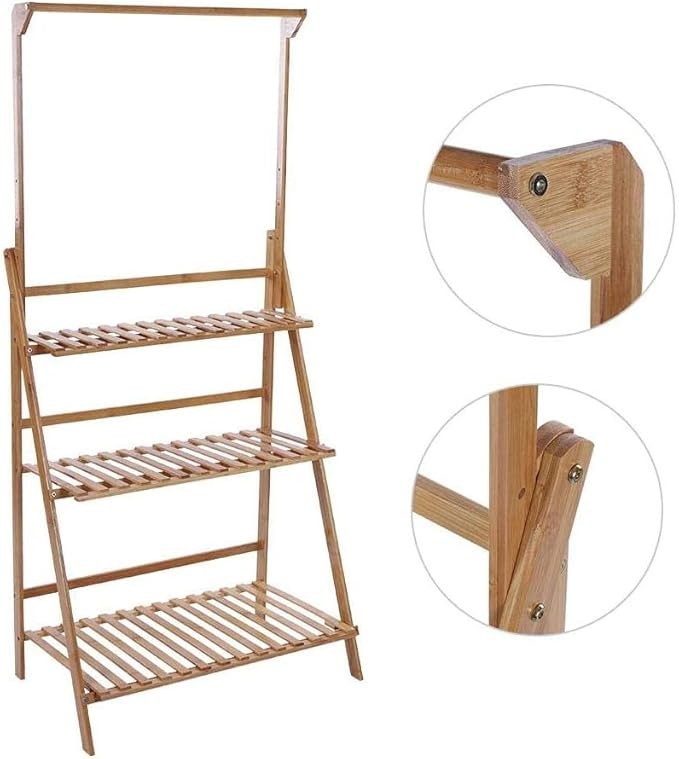 3 Tier Bamboo Plant Stand with Hanging Bar Indoor Outdoor Foldable Flower Shelf