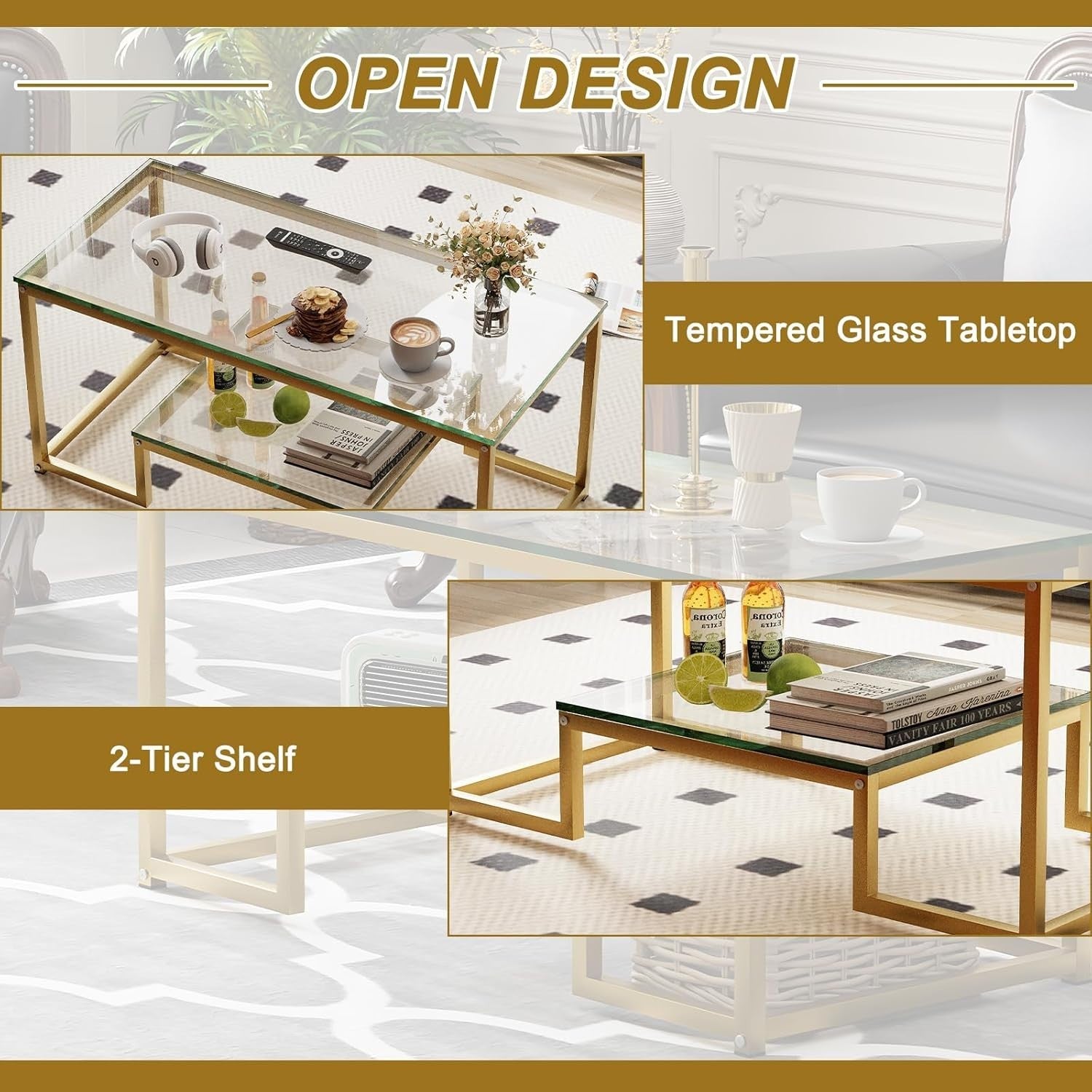 Gold Glass Coffee Table 2 Tier – Modern Metal Frame Living Room Storage