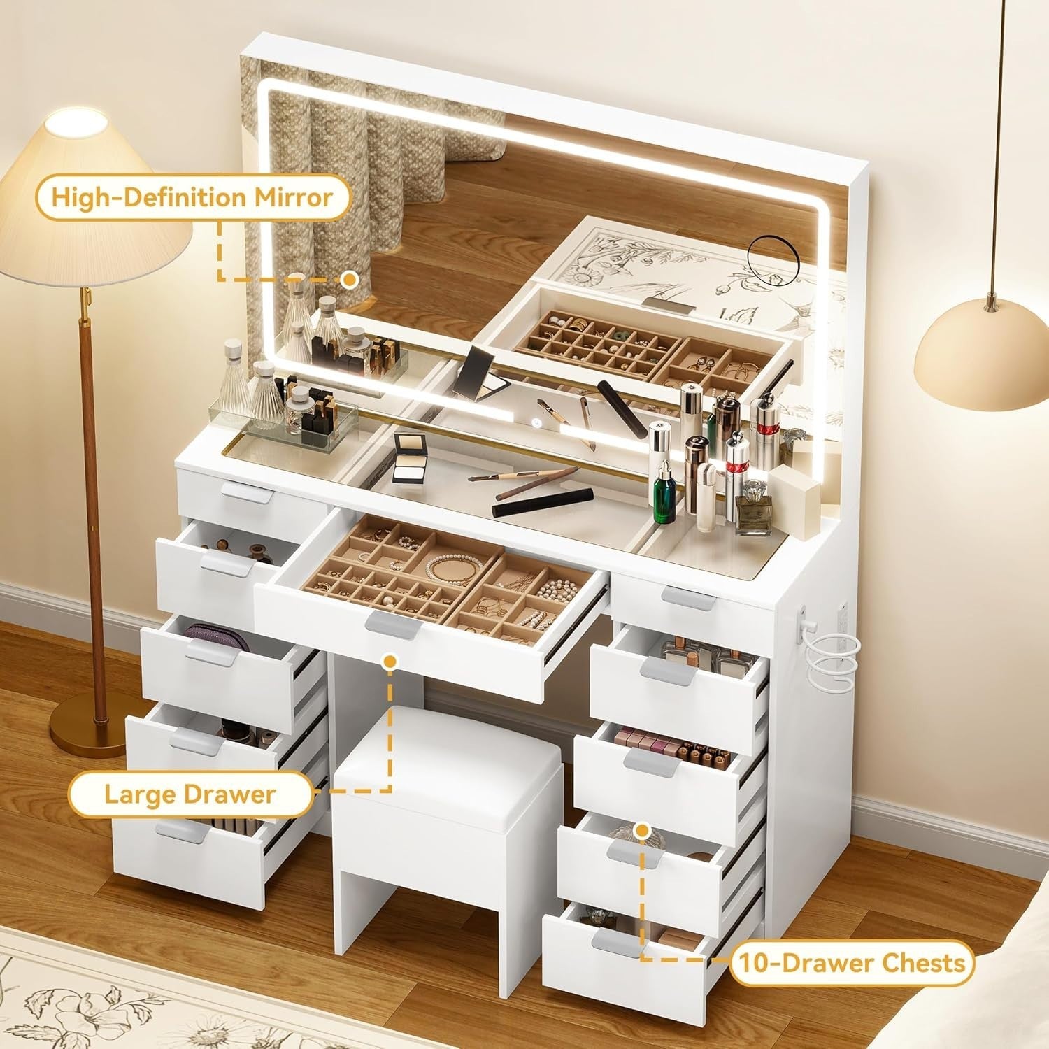 Makeup Vanity Table Glass Top 11-Drawer LED Mirror USB Charging Station White