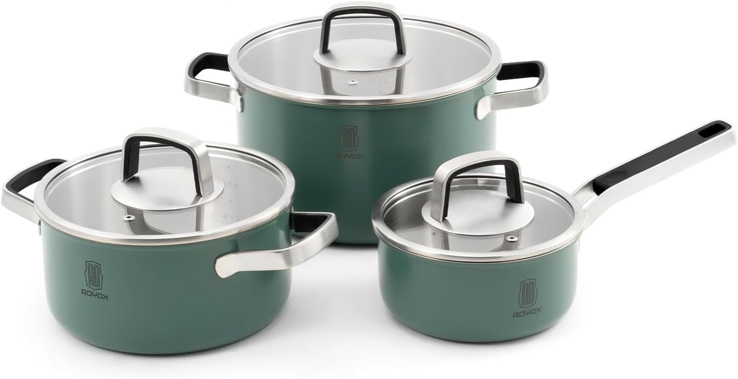 6Pcs Moss Green Stainless Steel Cookware Pot Set with Glass Lids Induction Safe