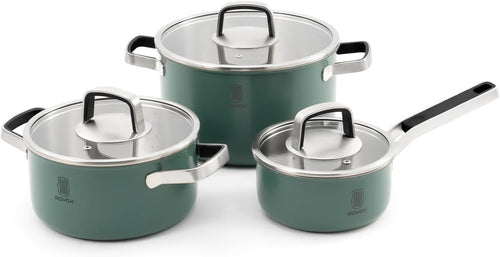 6Pcs Moss Green Stainless Steel Cookware Pot Set with Glass Lids Induction Safe