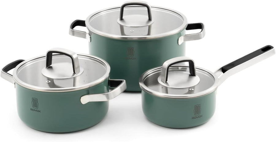 6Pcs Moss Green Stainless Steel Cookware Pot Set with Glass Lids Induction Safe