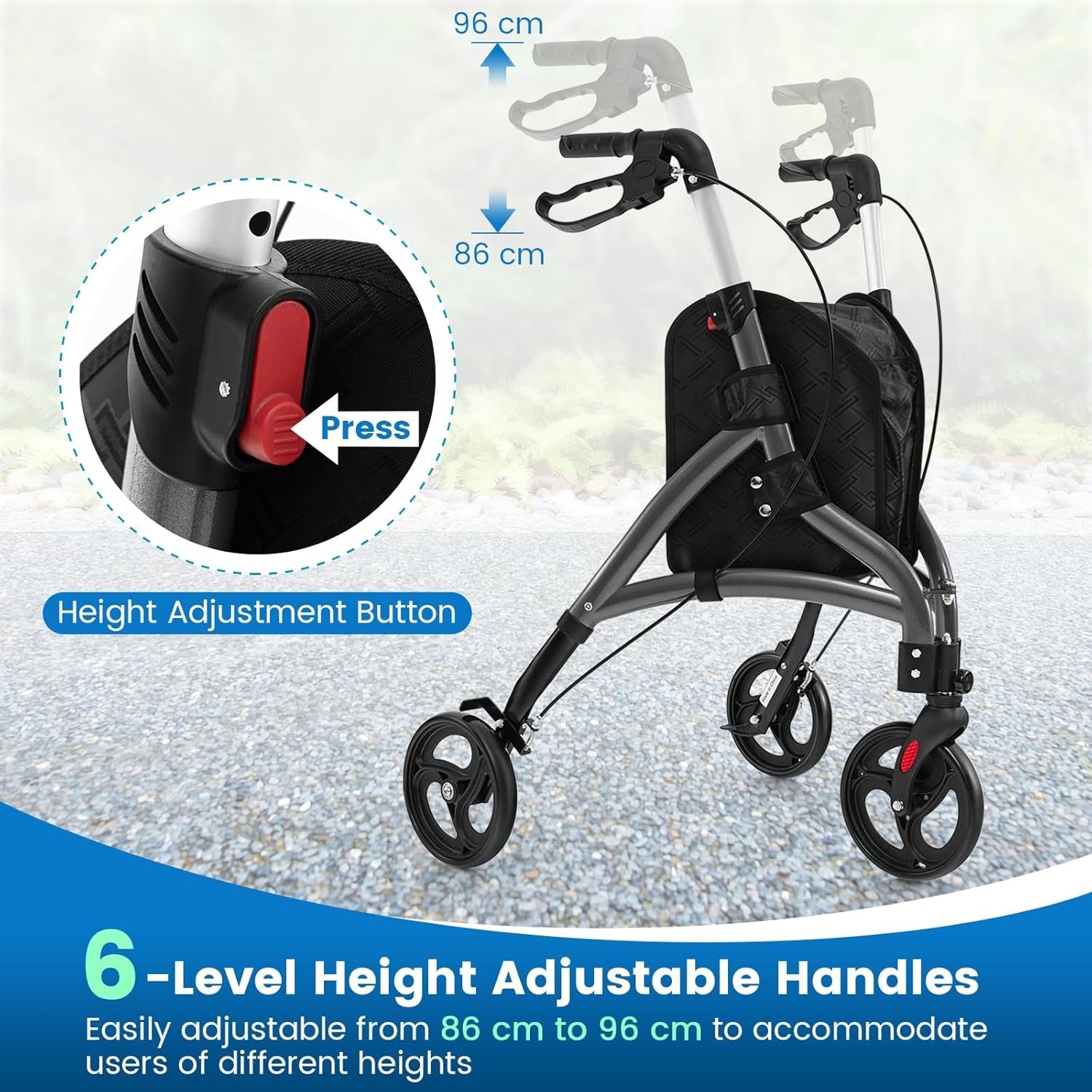 3 Wheel Folding Rollator Walker Lightweight Adjustable Mobility Aid