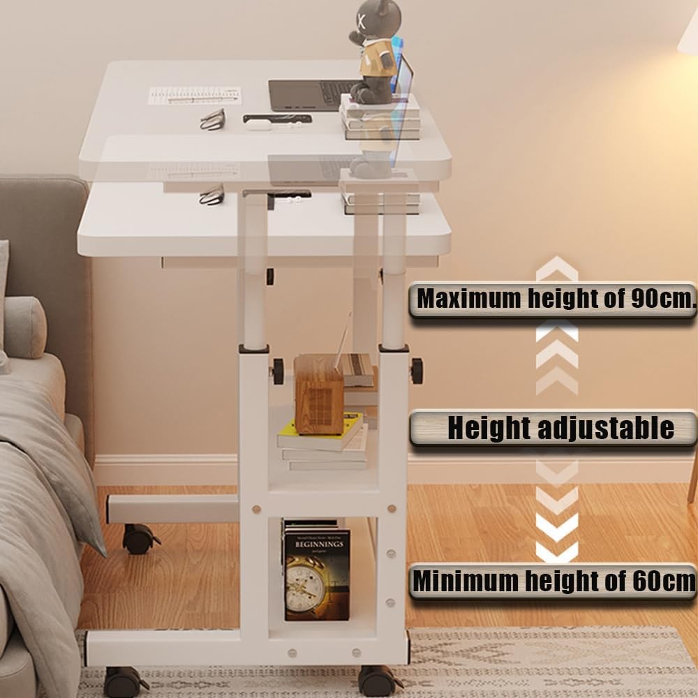 Mobile Computer Desk Height Adjustable Rolling Laptop Table with Shelves White