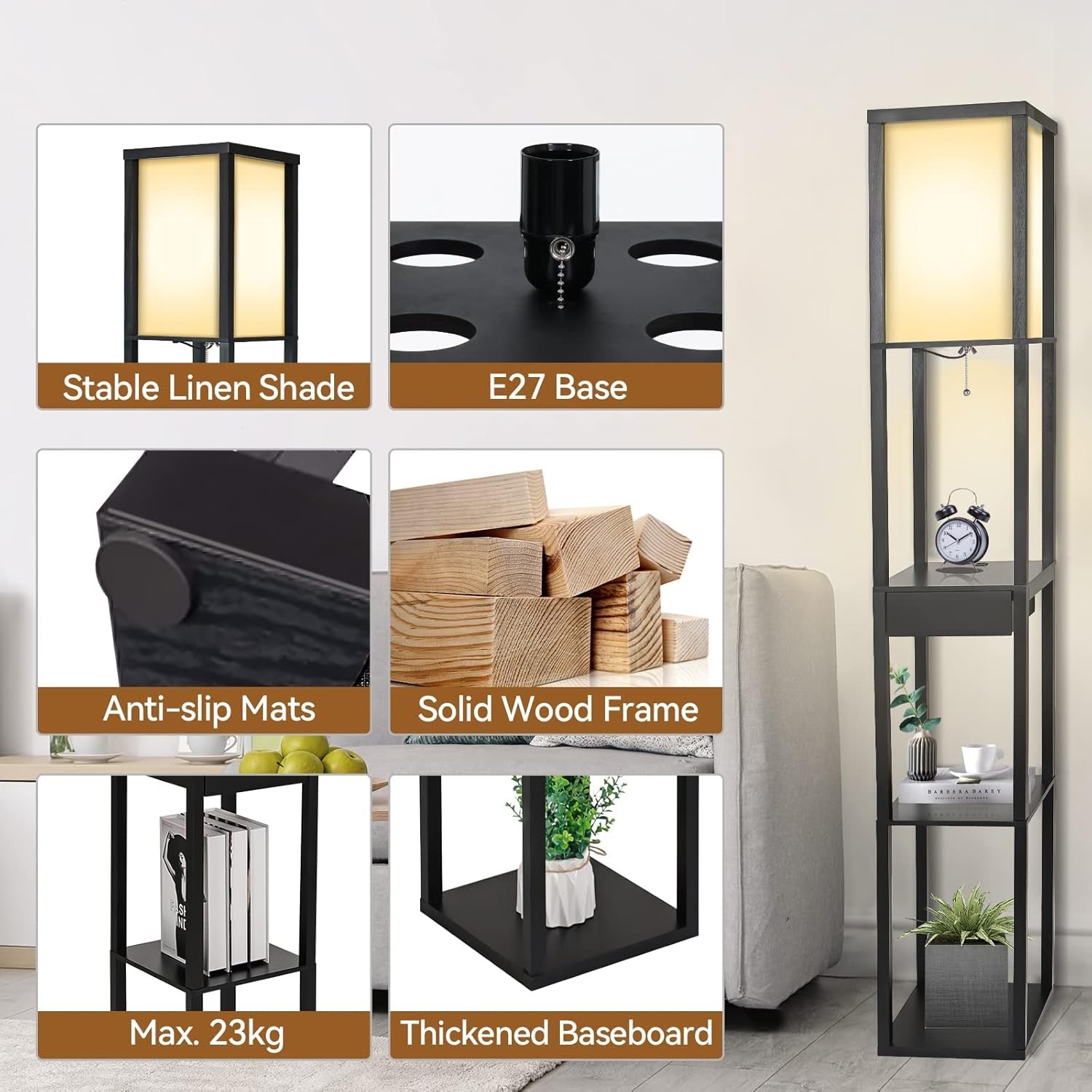 Floor Lamp with Shelves USB Charging Drawer Modern Reading Light Black