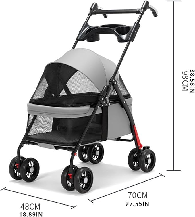 Pet Stroller 4 Wheel Folding Dog Pram Travel Pushchair Cup Holder Grey