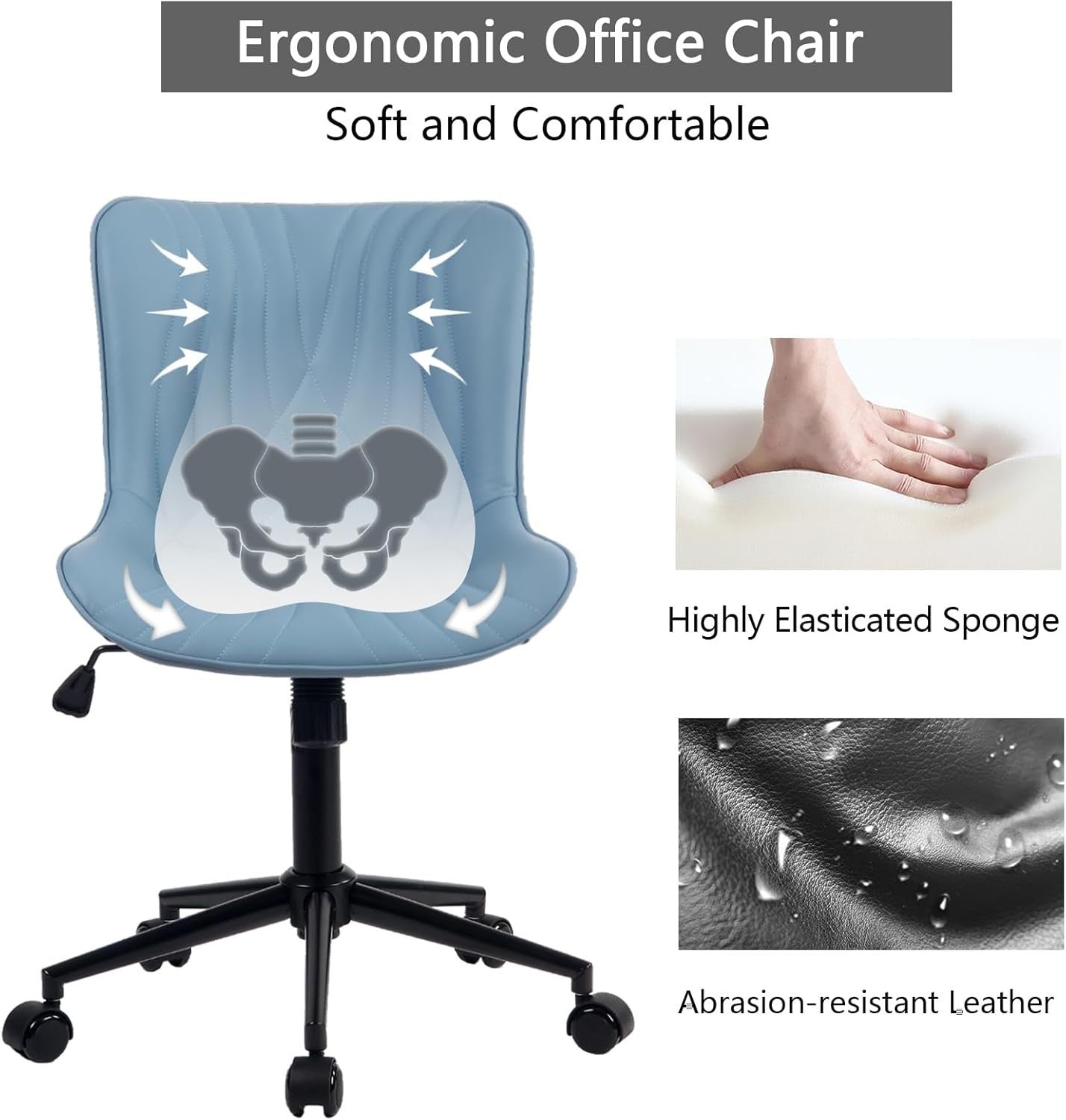 Ergonomic Blue Office Chair Swivel Desk Chair Faux Leather Home Task Seat