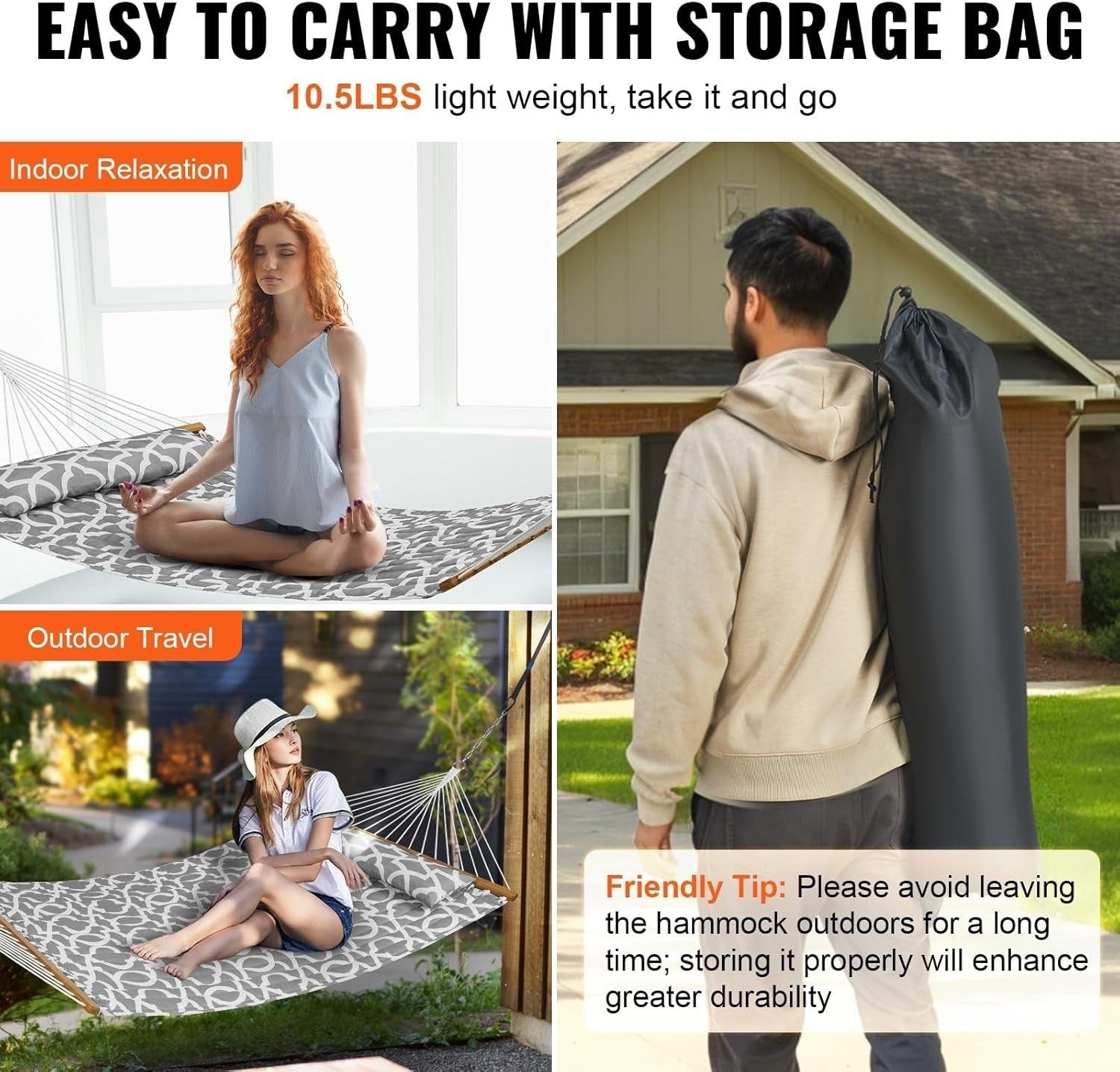 Luxury Double Hammock with Pillow – Quilted Fabric, Hardwood Spreaders, 480lb