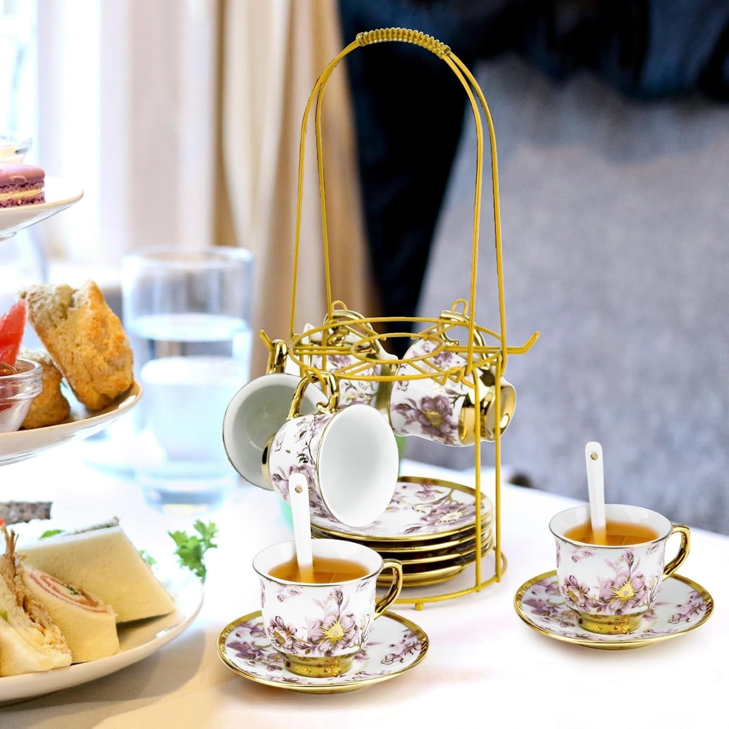 20Pc Purple Porcelain Tea Set Gold Floral Teapot Cups Saucers Stand