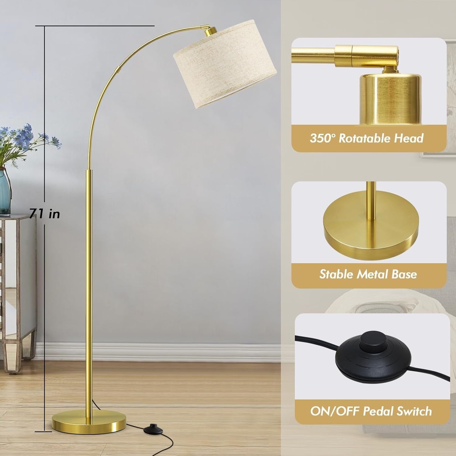 Gold Arc Floor Lamp Adjustable Head Tall Standing Light with Fabric Shade