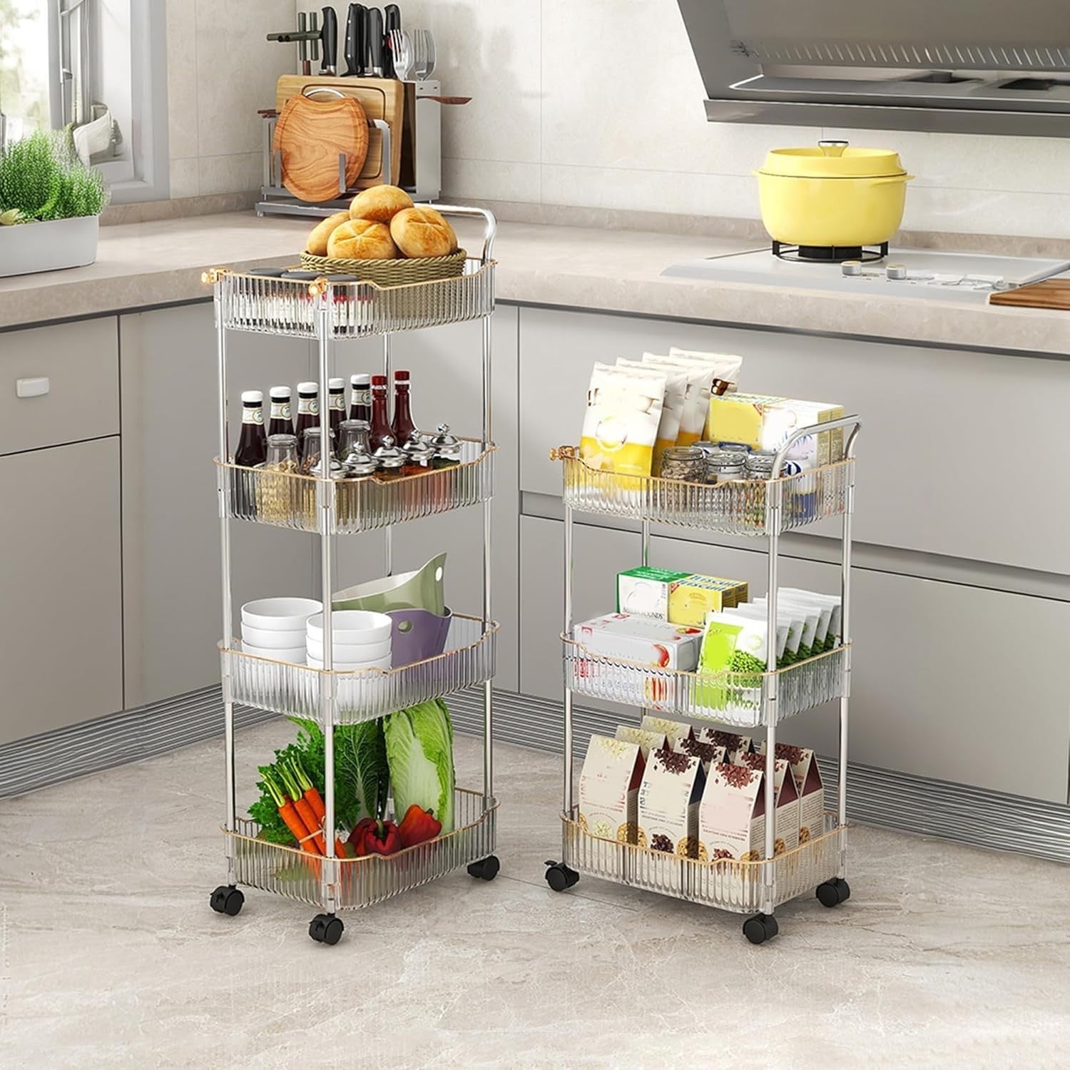 4 Tier Rolling Storage Trolley Acrylic Utility Cart Lockable Wheels Gold