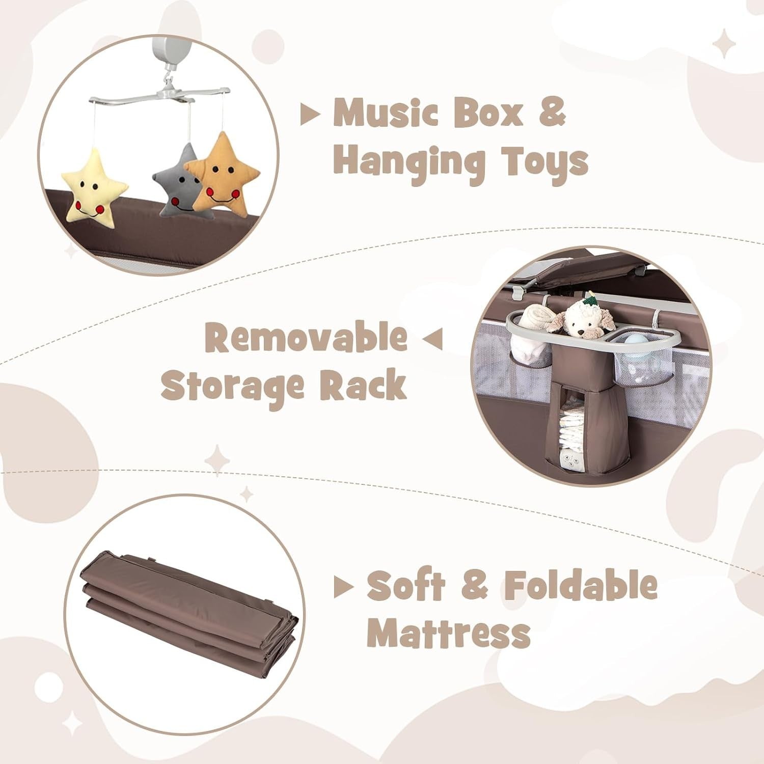 5in1 Baby Travel Cot Bedside Crib Bassinet w/ Mattress Changer Music Toys Brown