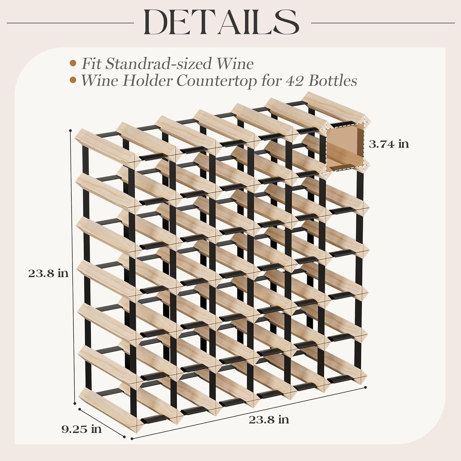 42 Bottle Wine Rack Pine Wood & Metal Freestanding Wine Storage Shelf Organizer