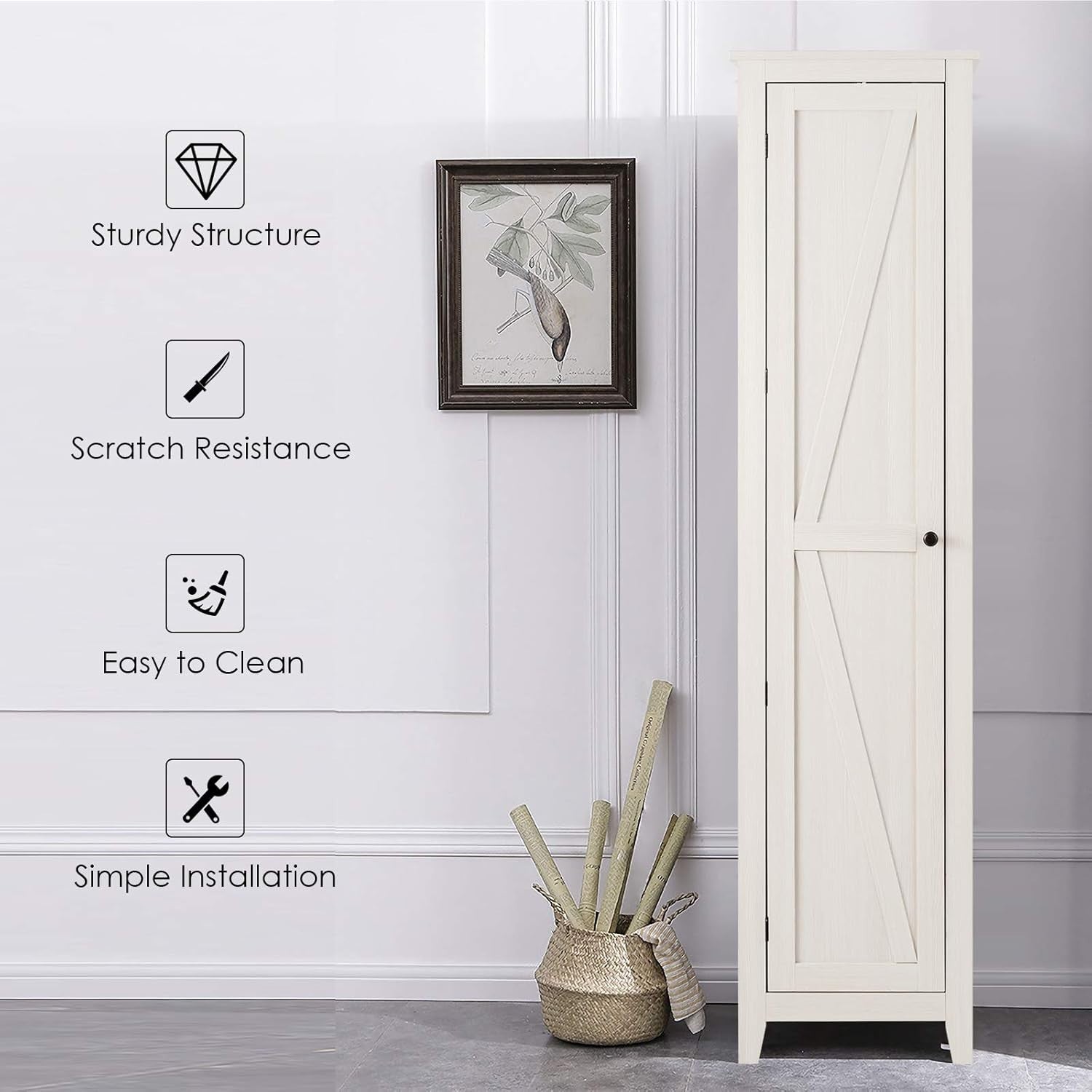 Tall Bathroom Storage Cabinet 4 Shelves, Narrow Wooden Cupboard 46x40x183cm