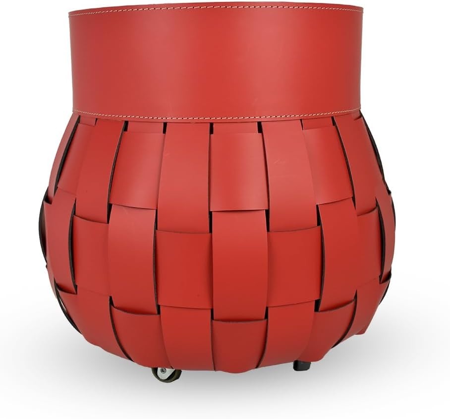 Red Leather Firewood Basket with Wheels – Indoor Log Holder, 45x45x48 cm