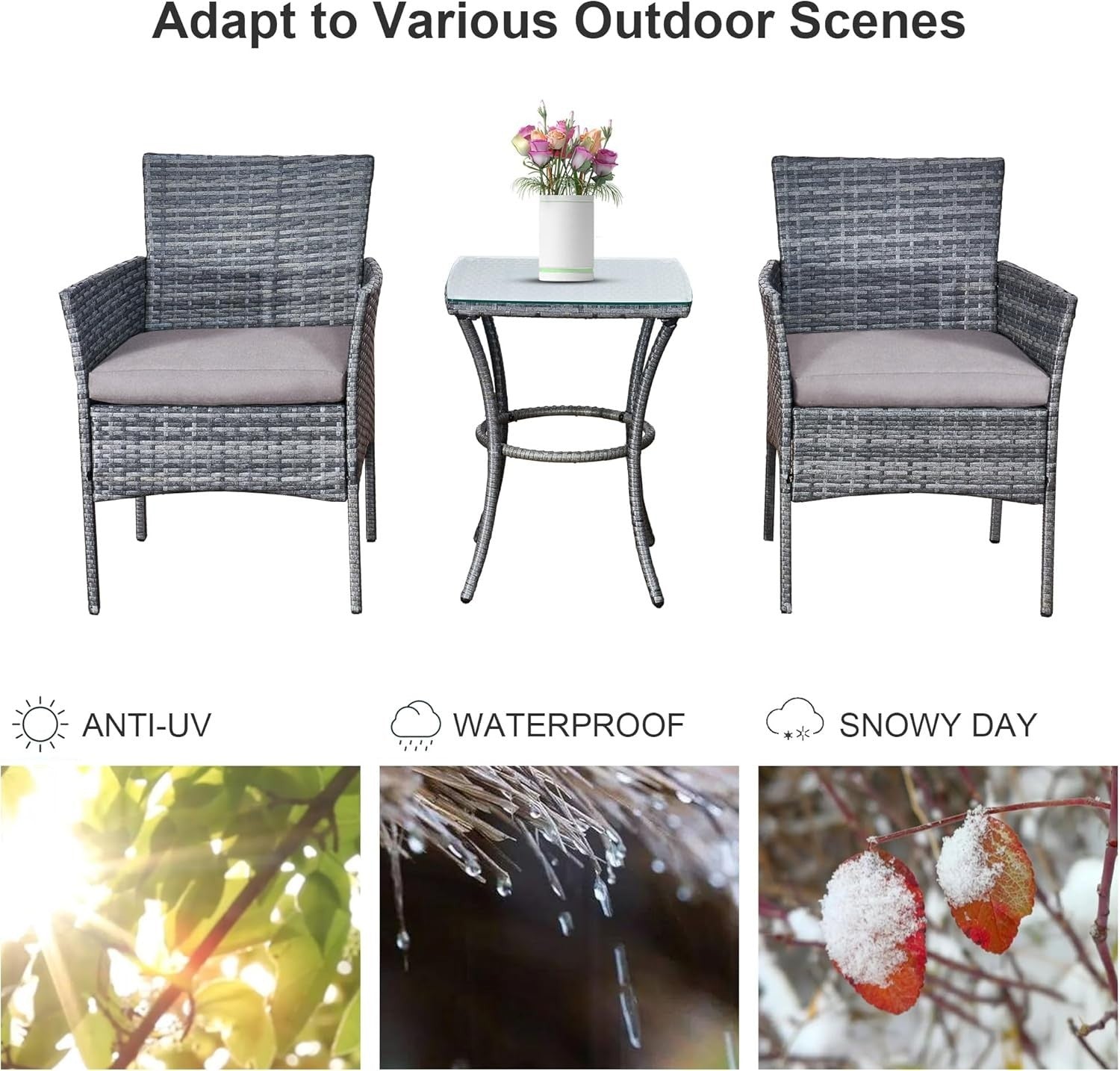 3pc Grey Rattan Bistro Set Balcony Garden Chairs Glass Table Patio Seating