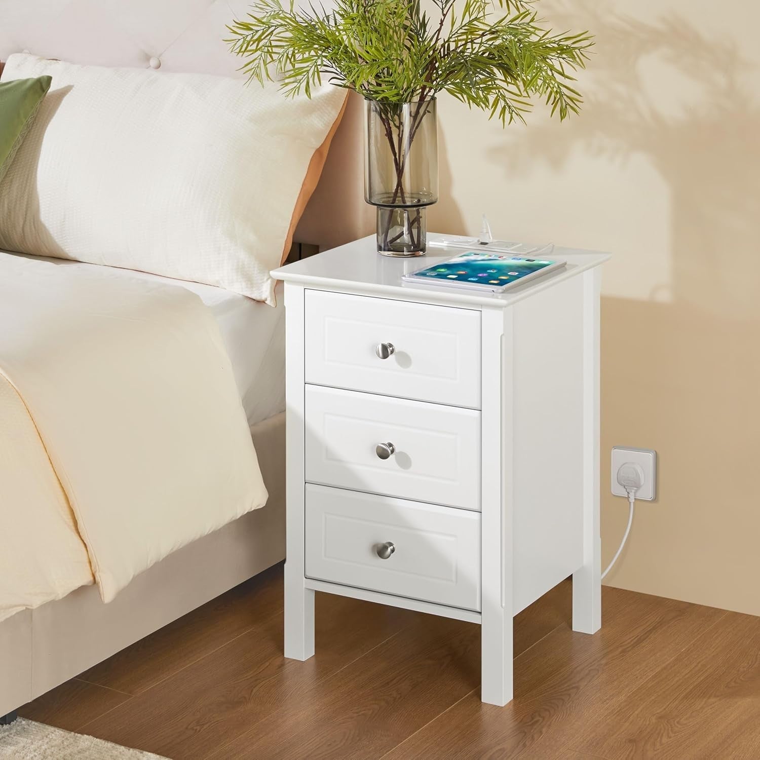 Drawer Bedside Table with Charging Station & USB Ports – White Modern Nightstand