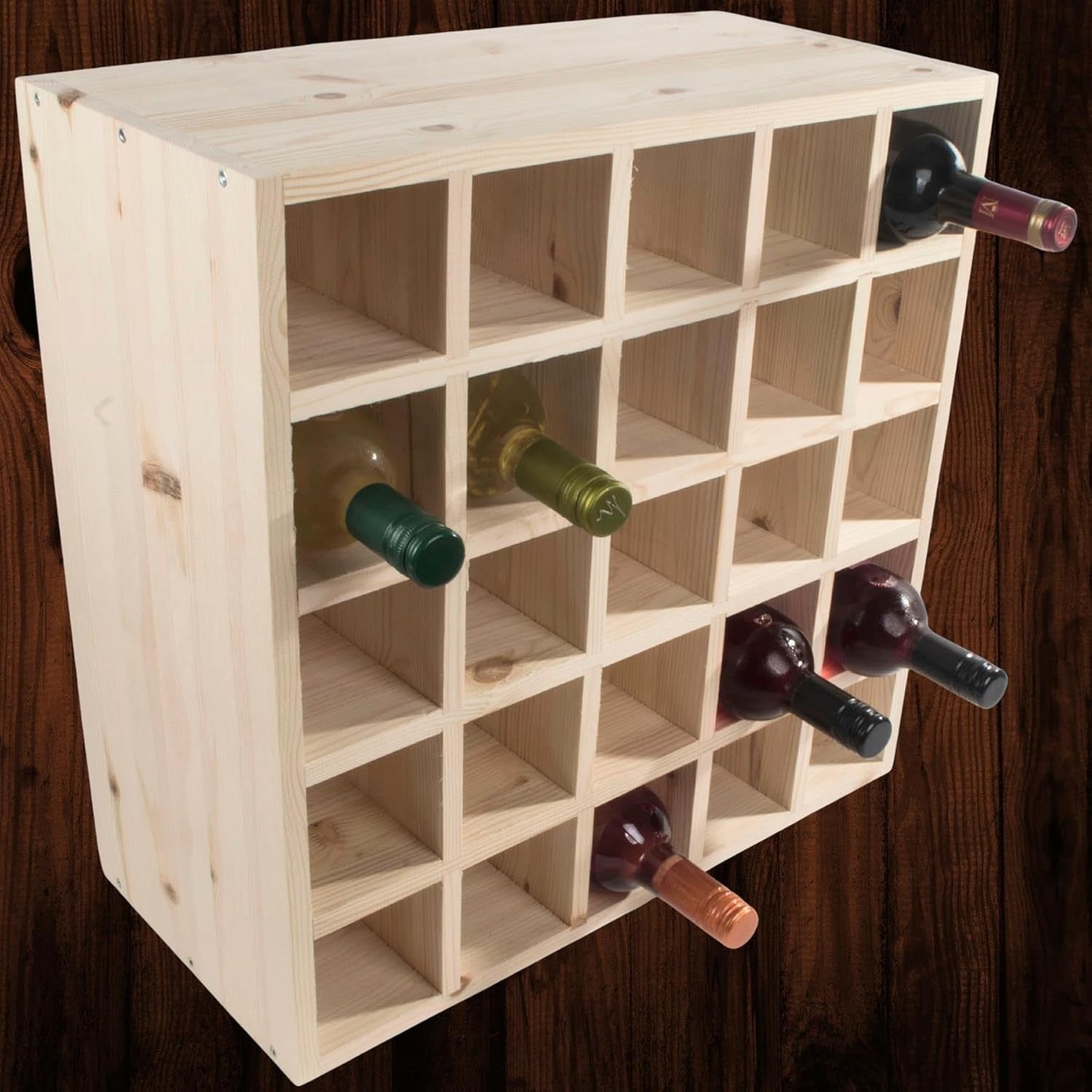 Solid Pine Wine Rack 25 Bottle Storage Free Standing Rustic Display Unit