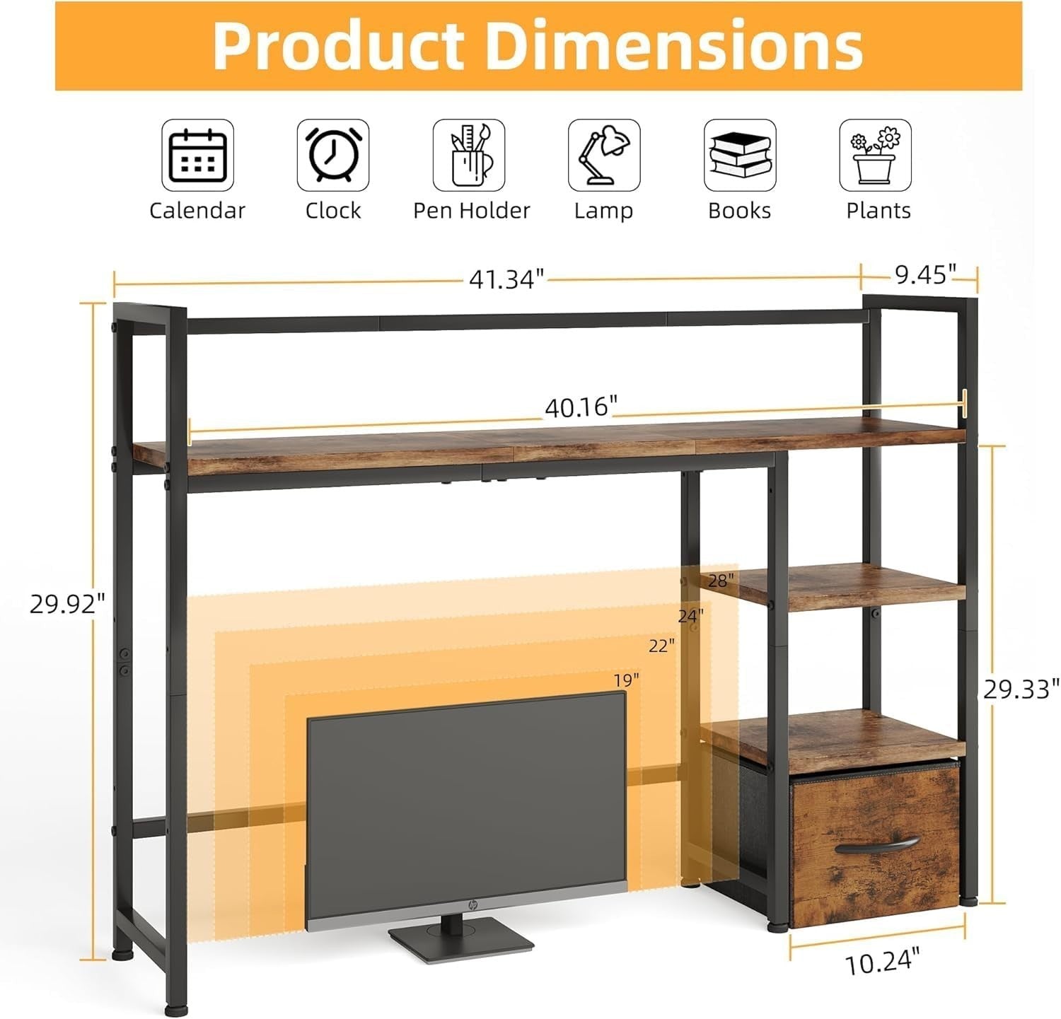 Rustic Brown Desk Hutch Shelf 41.3" 3-Tier Desktop Organizer with Drawer