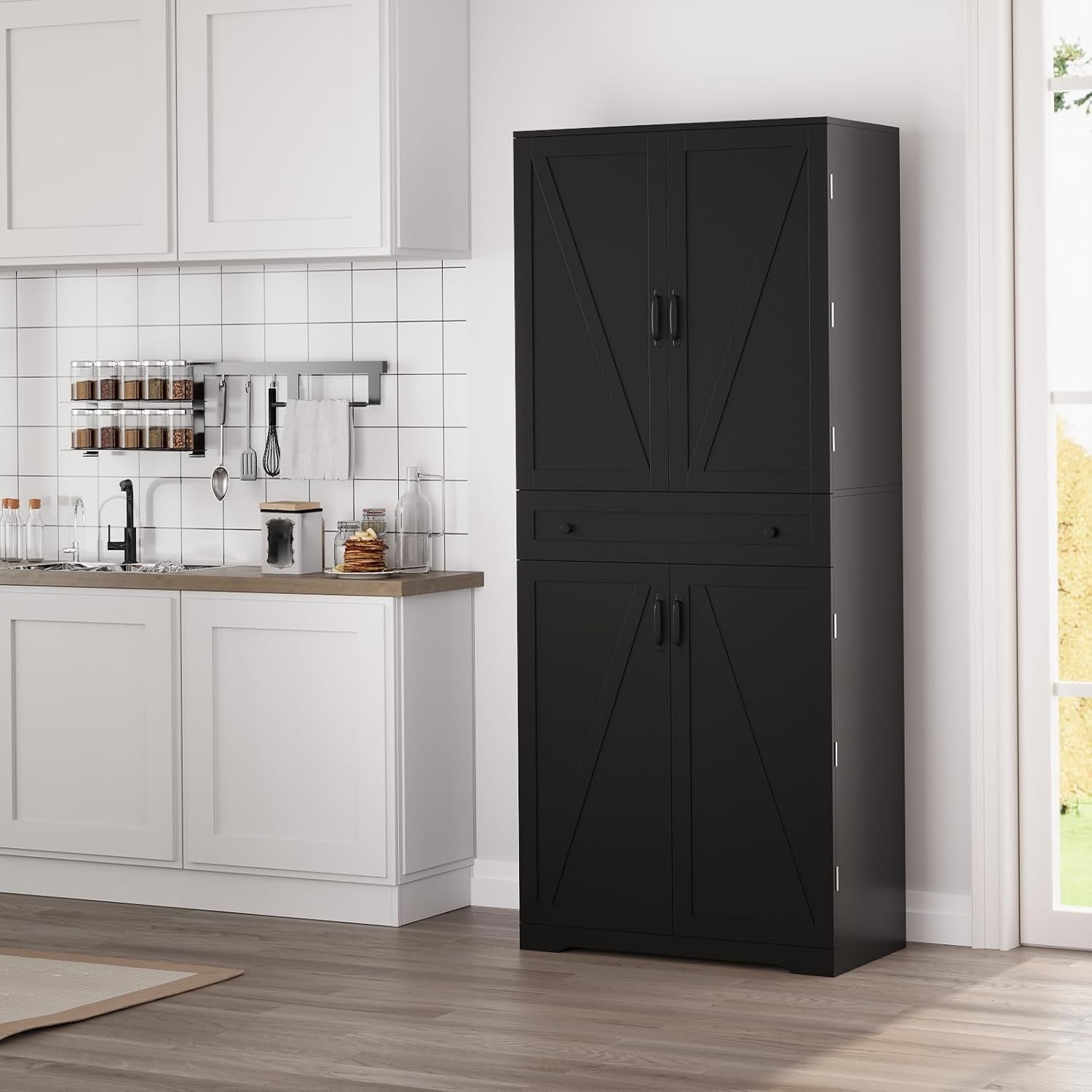 Black Kitchen Pantry Cupboard | Tall Sideboard Cabinet with Drawer & Shelves