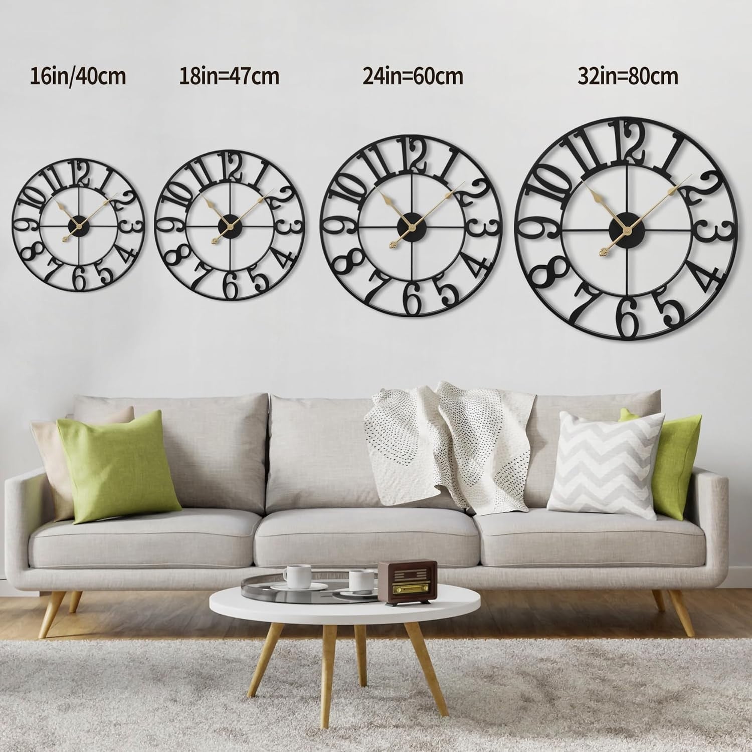 80cm Silent Black Arabic Wall Clock Large Metal Vintage Non Ticking Home