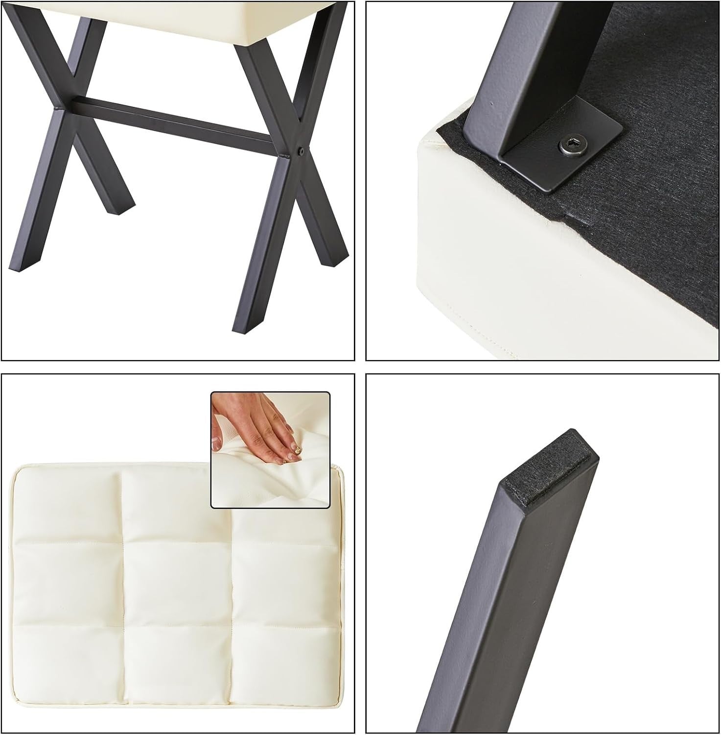 White PU X-Leg Vanity Stool – Square Makeup Seat & Footrest for Bedroom